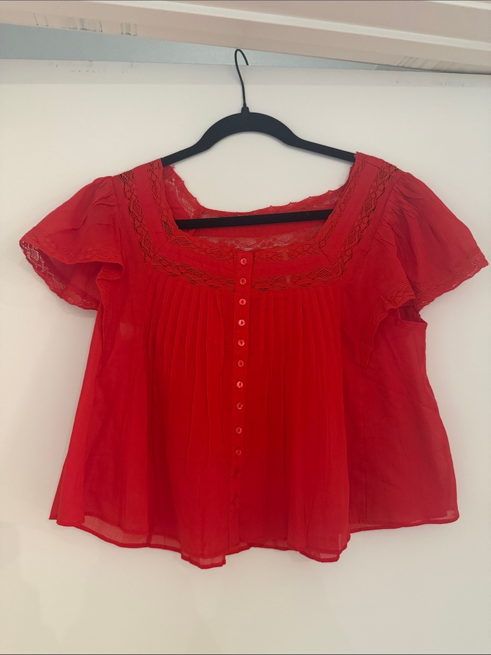 Free People Red Flutter Sleeve Peasant Top